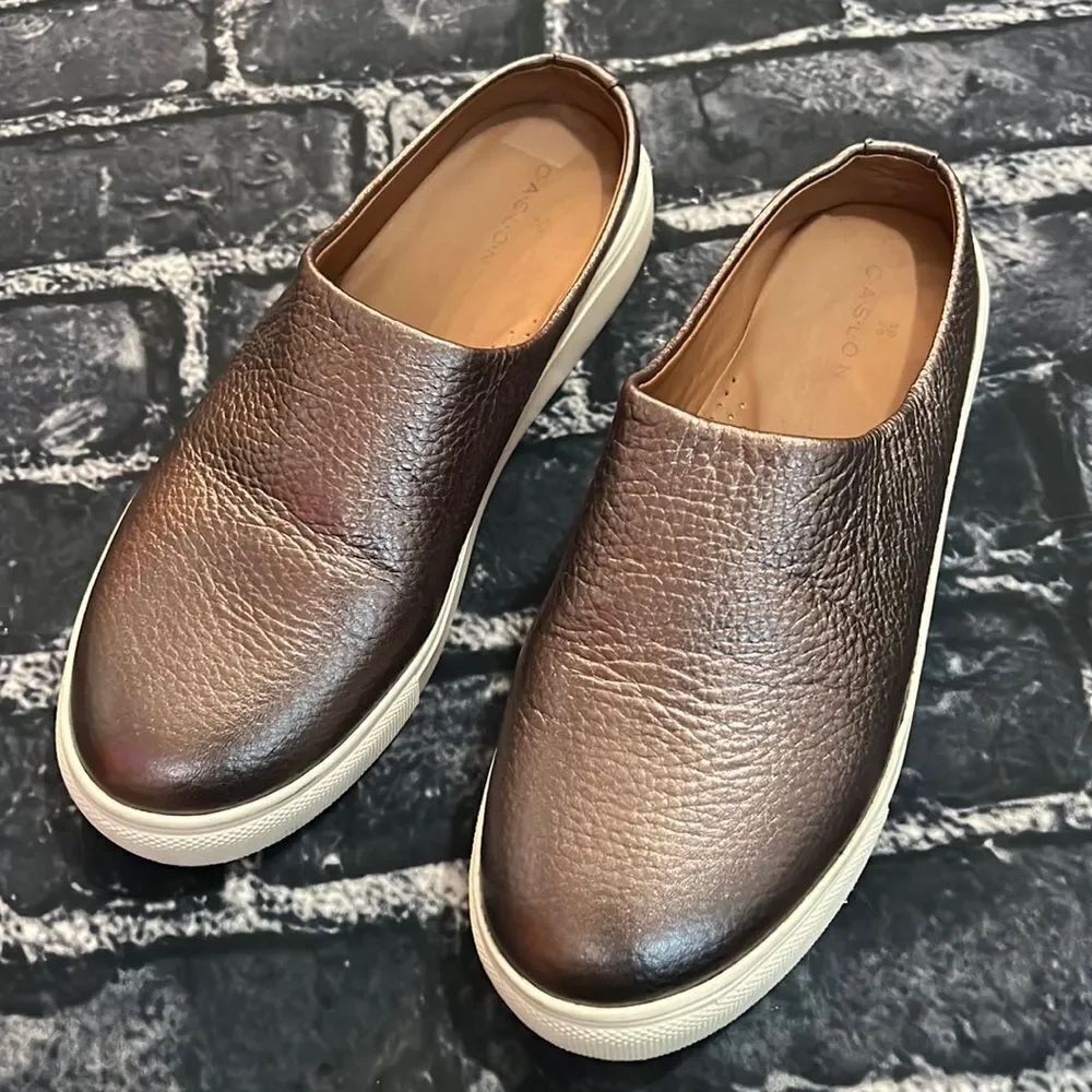 * Caslon silver metallic leather slides